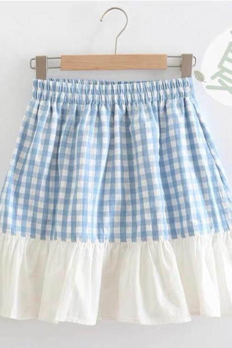 Light blue plaid flounces A-line skirt, summer, high waisted skirt for students