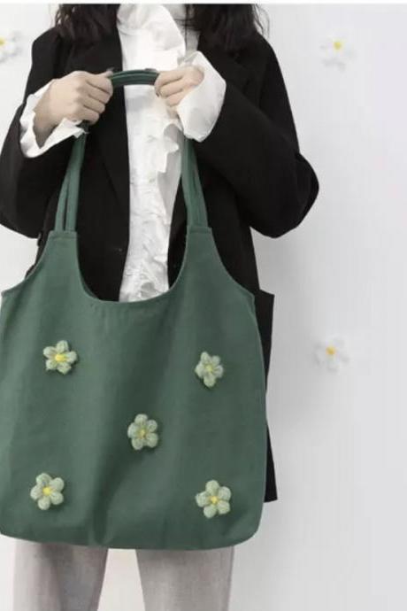 Small petals, girl/student large volume canvas bag, applique flowers, zipper one-shoulder tote bag