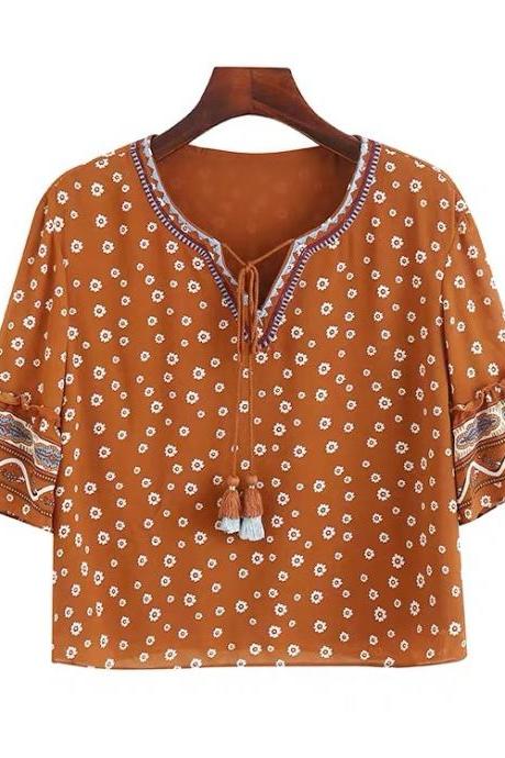 Vintage, Ethnic Style, Flared Sleeve Chiffon Shirt, Tie Up Top, Pullover Artistic Top, Floral Loose T-shirt