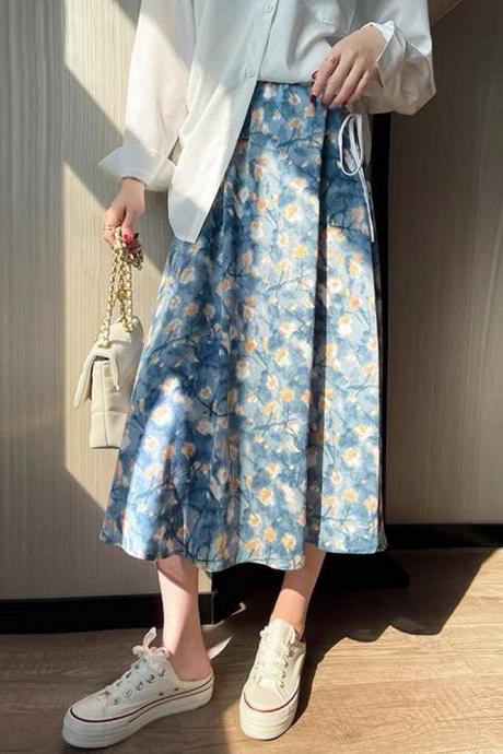 Oil painting style, blue skirt, spring/summer, new style, slim big A-line skirt