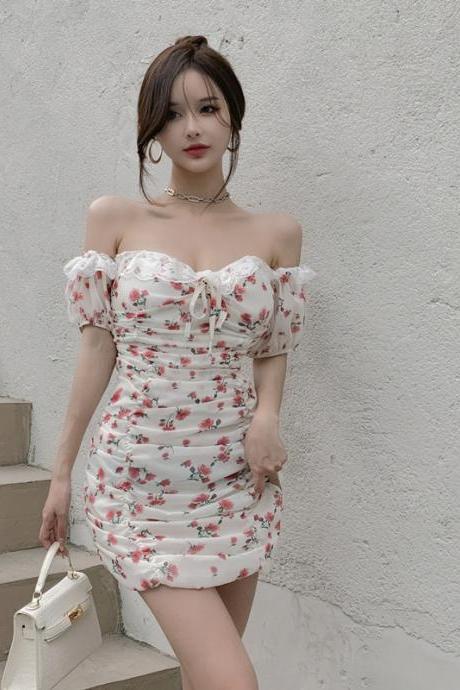 Off shoulder floral dress, temperament bodycon dress