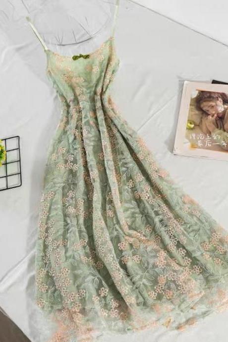 Green sweet dress, high waist, bead embroidered dress,free white top