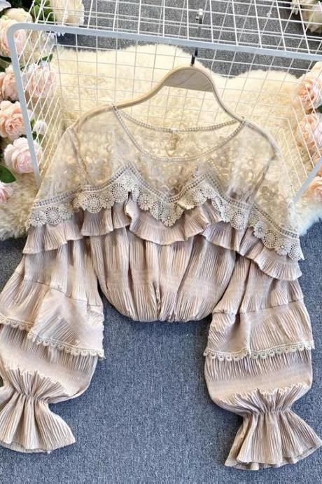 Soft Wind Top, See-through Mesh, Stitched Lace, Flounces Bubble Sleeve Chiffon Shirt