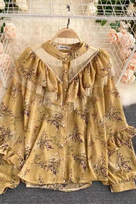 Fairy Chiffon Shirt, See-through Mesh Flounces, Bubble Sleeves And Floral Blouse