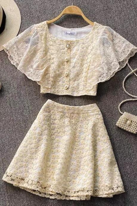 Embroidered lace, short sleeved blouse with square collar and flounces, high waist skirt, two suits