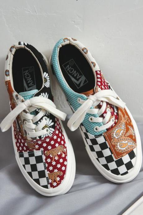 Black and white checkerboard plaid, stitching canvas shoes, men and women's low top, all-match, couples board shoes