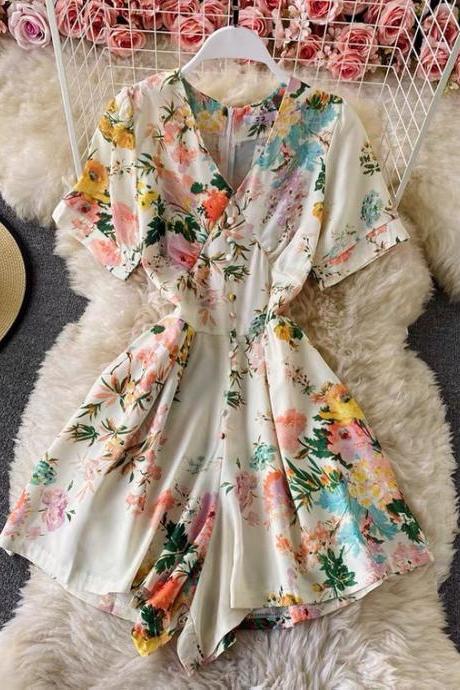 Loose, V-neck, Floral Flounces, Puffy Sleeves, Wide Leg Shorts