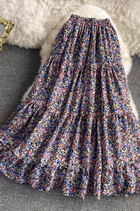 New style, high waist, elastic waist A-line vintage chiffon skirt, floral splicing midi skirt