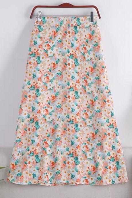 Style, Small Daisy Chiffon Print A-line Skirt, High Waist Full Skirt, Mid-length Skirt