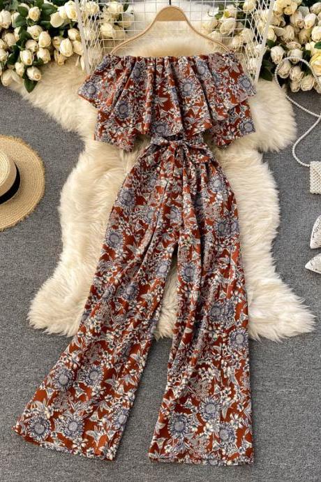 Flounces, off shoulder, sexy holiday style floral jumpsuit, goddess style, stylish wide-leg pants