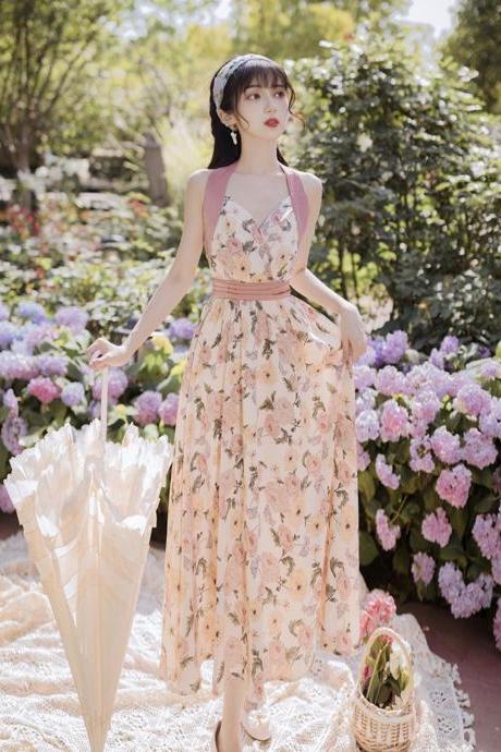 Oil painting halter dress,vintage print dress, V-neck floral dress