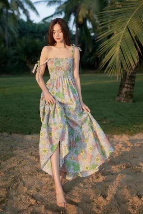 Sexy, Floral Waist Dress, Vacation Style, Temperament Fairy Halter Dress