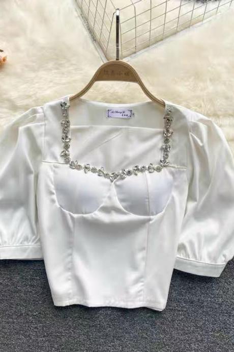 Style, Heavy Diamond Set, Square Collar, Bubble Sleeves Crop Top