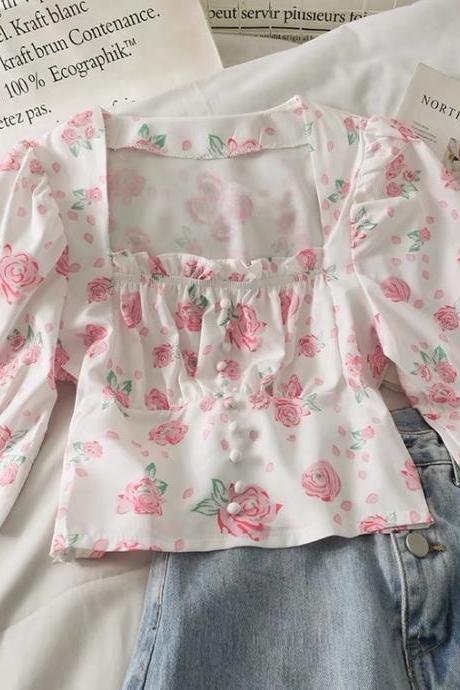 Sweet Style, Floral Print, Square Collar, Collarbone Short Shirt, Short Sleeve Top