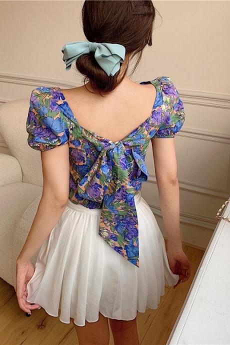 Flower, Backless, Bowknot Bubble Blouse, Short Sleeve Top