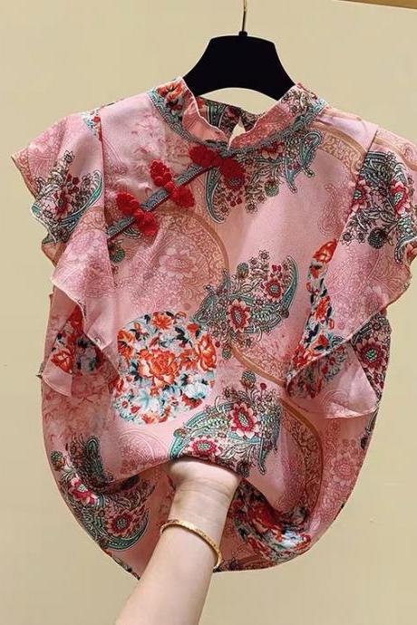 Flower top, vintage, coiled button, chinoise, flounces, chiffon shirt