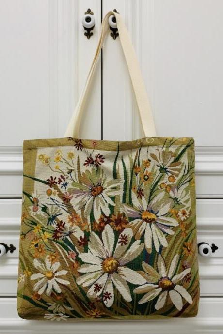 Flower, Vintage Embroidered Knitted Bag, Cloth Bag, Shoulder Bag, Female Schoolbag, Cat Bag Cloth Art Bag, Ethnic Style