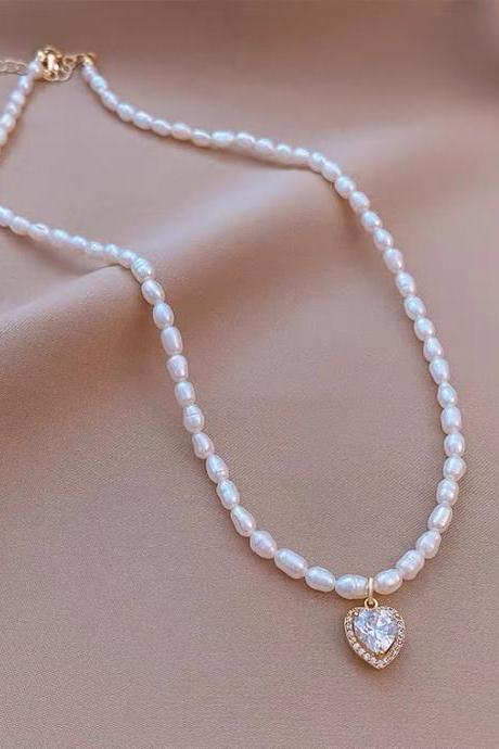 Fresh water pearl neck chain, heart zircon, vintage delicate necklace, new style, simple collarbone chain