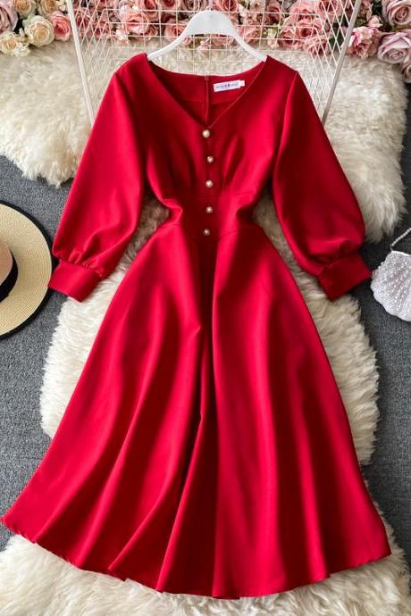 Red/balck V-neck A-line dress, vintage evening dress