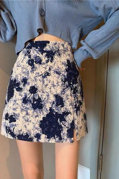 Oil painting skirt, new style, high waist, short skirt, buttock skirt, split A-line skirt