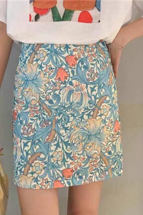 Oil painting broken flower skirt, summer, thin bodycon skirt,high waist midi skirt