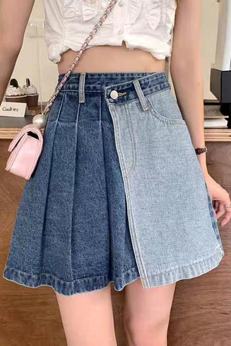 Spice Girl denim skirt, American vintage pleated skirt, patchwork high-waisted A-line shorts
