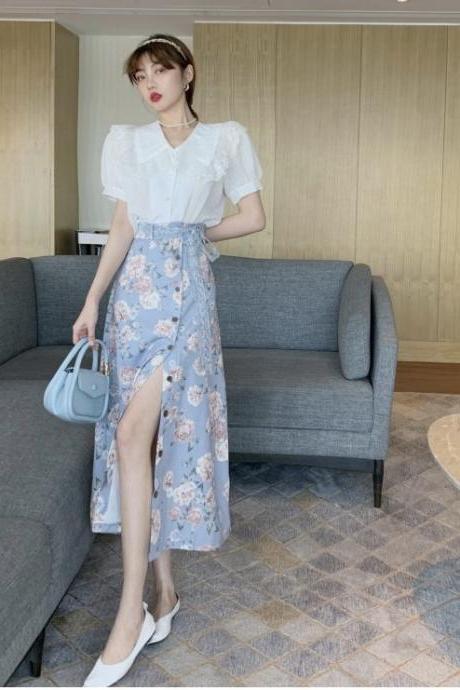 Style, Temperament, Midi Split Skirt, Long Floral A-line Skirt