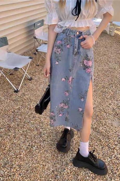 Denim skirt, mid-length A-line skirt with floral split