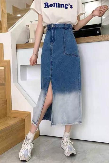 Irregular gradient denim skirt, high waist slit medium long skirt