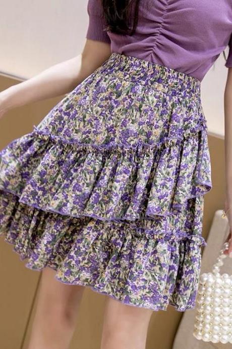 Flower Skirt, Country Style, Oil Painting Little Fresh Chiffon Cake Skirt