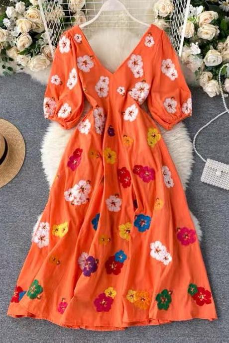 Little fresh dress, colorful embroidery, flowery puffy sleeve midi dress