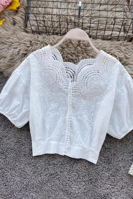 Vintage, lace, temperament V-neck, hollow-out all-match short sleeve shirt, short style chic bubble sleeve blouse