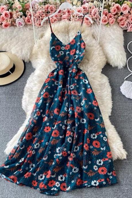 V-neck floral chiffon dress, temperament halter beach dress, seaside holiday dress