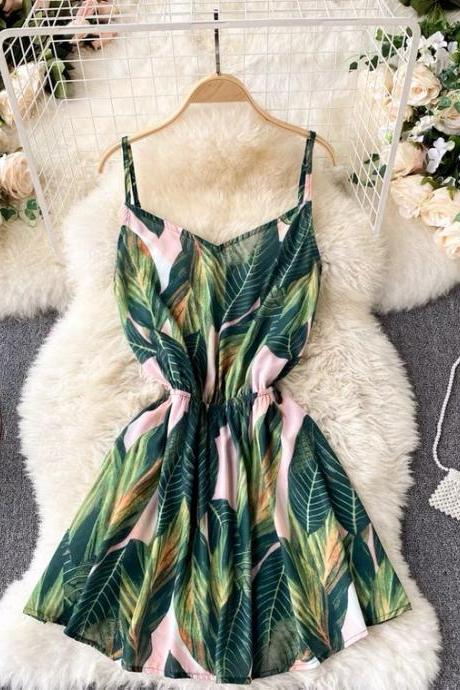 Tropical floral printed leaf, V-neck, backless mini dress, halter dress