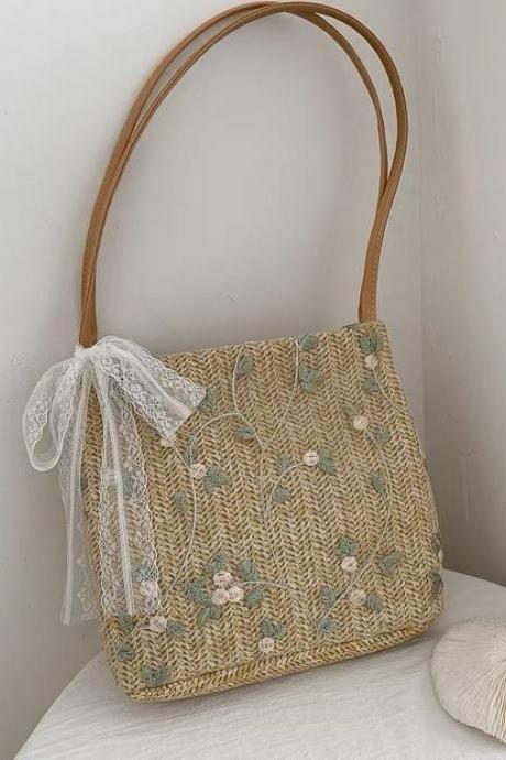 Simple Straw Woven Bag, Fashionable Lace Flower Shoulder Bag