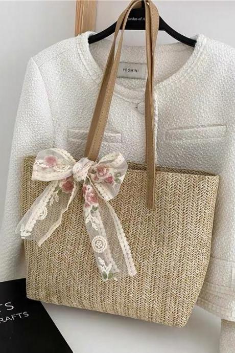 Straw Woven Large Capacity Bag, Fashion Hand Bill Of Lading Shoulder Bag, Silk Scarf Tote Bag