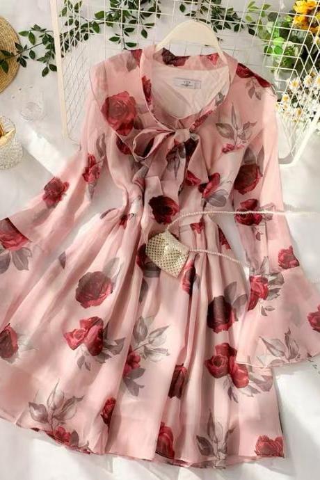 Sweet, flouncy neckline chiffon dress, fairy, trumpet sleeves, rose dress