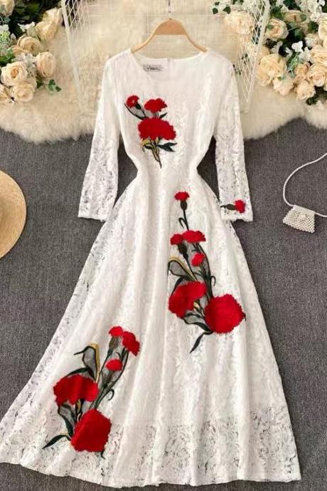 Gentle style dress, new, vintage, heavy industry, embroidered flowers, elegant lace long dress 