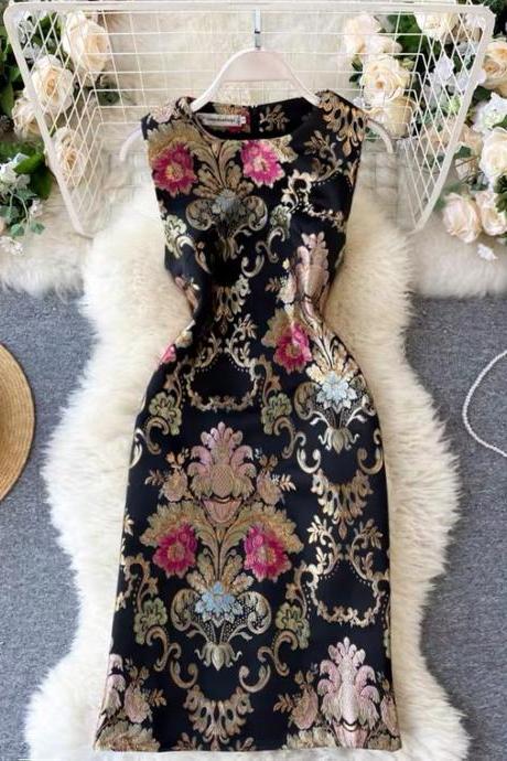 Vintage, Heavy Embroidery Jacquard Dress, Temperament Slim Sleeveless Dress