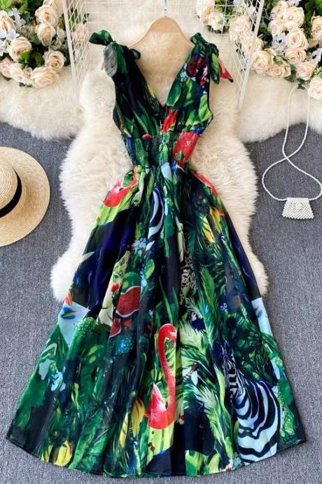 Vacation Style, Printed, Sexy, Deep V-neck, Waist - Tucked Chiffon Dress