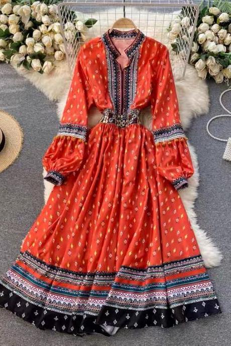 Vintage, Ethnic Dress, Heavy Embroidery, Long Printed Holiday Dress