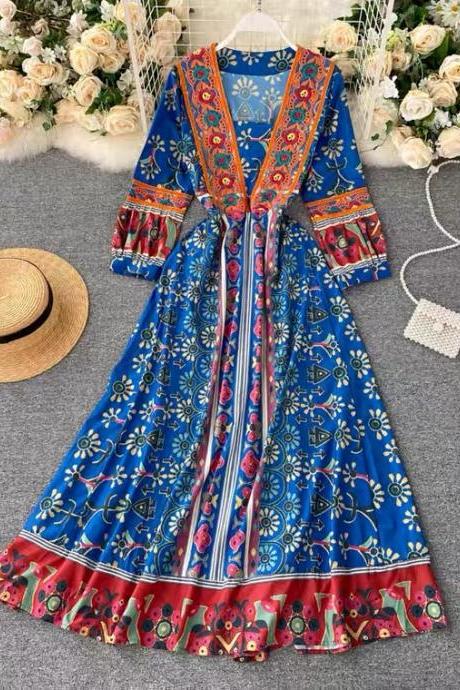 Travel Shoot Holiday Dress, Style,vintage, Ethnic Style, Printing, Patchwork Bubble Sleeve Fairy Dress