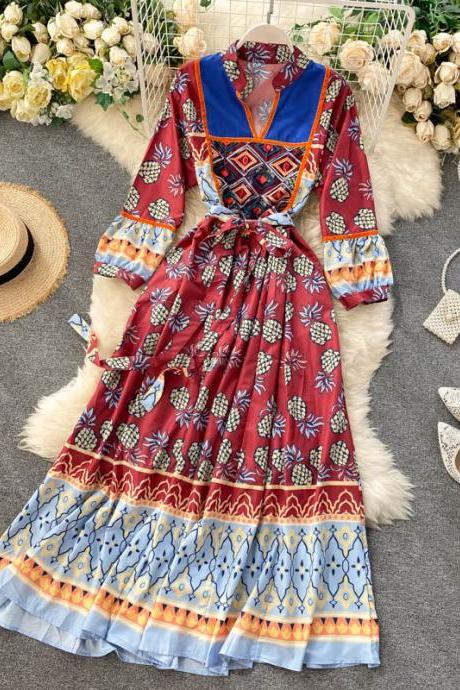 Bohemian, Ethnic Dress, Vintage, Printed, Contrasting V-neck, Long Sleeves, Belted Waist, Large Beach Dress