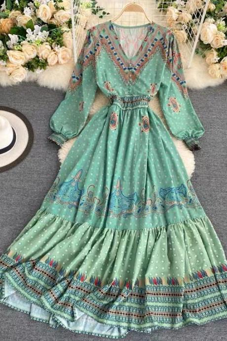 Fairy dress, V neck ,printed ,long sleeves flounces midi dress