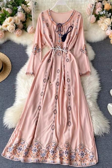 Bohemian, National Dress, Heavy Industry, Embroidered Flowers, Round Collar Travel Holiday Beach Dress