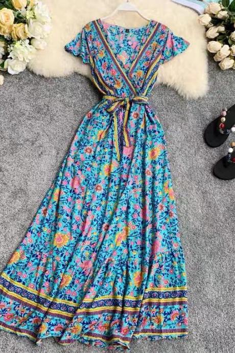 Bohemian, vintage, one-piece dress, V-neck, belted waist, fairy dress