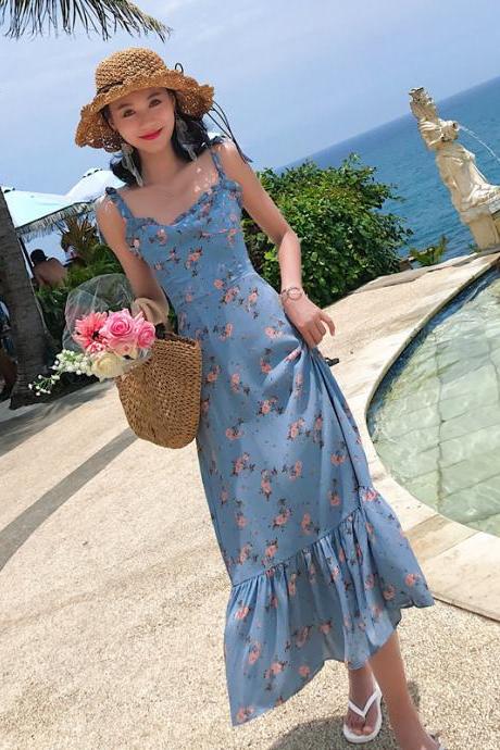 Vintage Spaghetti Strap Dresses,blue Floral Dresses