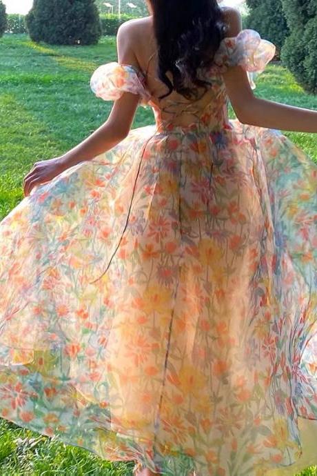 Off Shoulder Bubble Sleeve Floral Dress ,fairy Holiday Dress