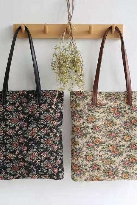 Flower, vintage ethnic shopping bag, high - class sense tote bag, lady bag canvas bag, one - shoulder bag