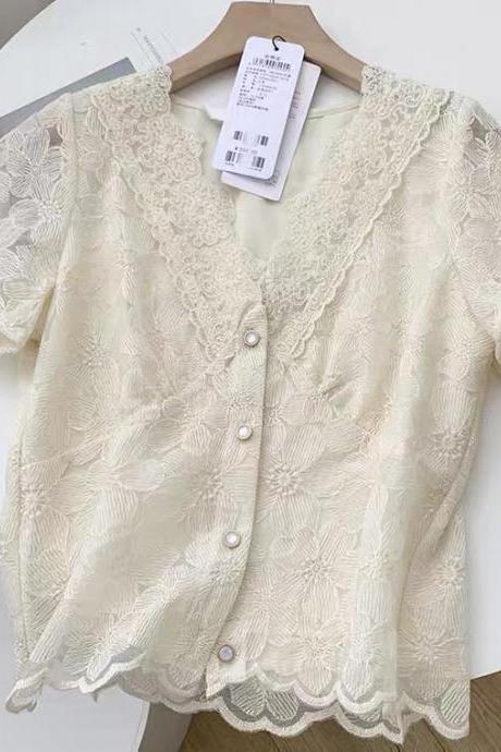 Lace Embroidered Hollow Top, Single - Breasted Blouse